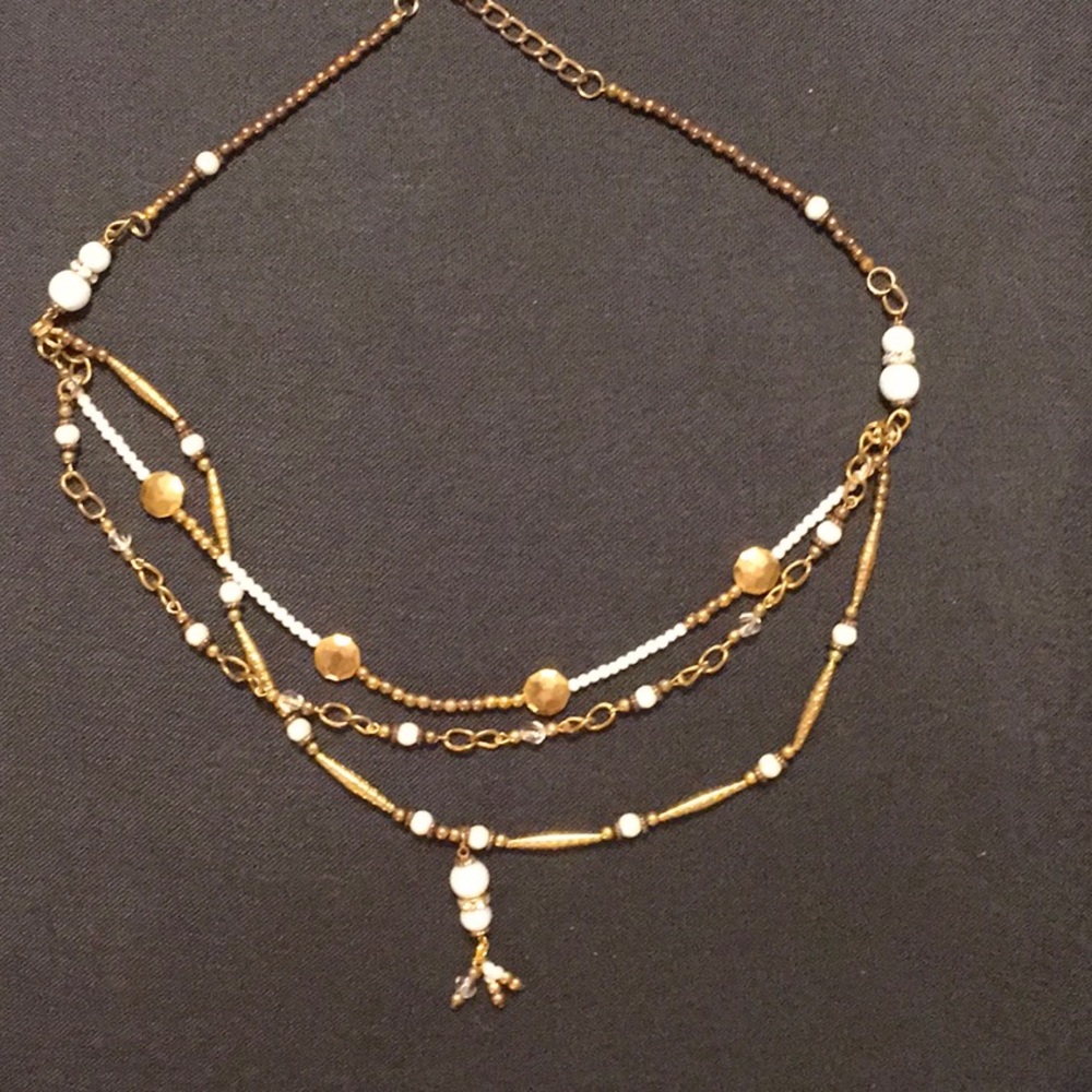 EUC,24" pearls,hammered-disced,gold beads, 2" pendant not detachable.
